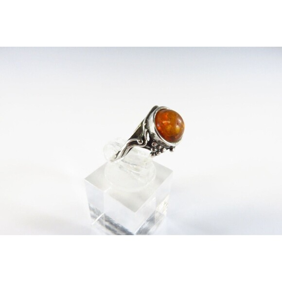 Petite Orange Round Amber Band Ring Pierced Sterling Setting Ball Line Accents S - Picture 3 of 6